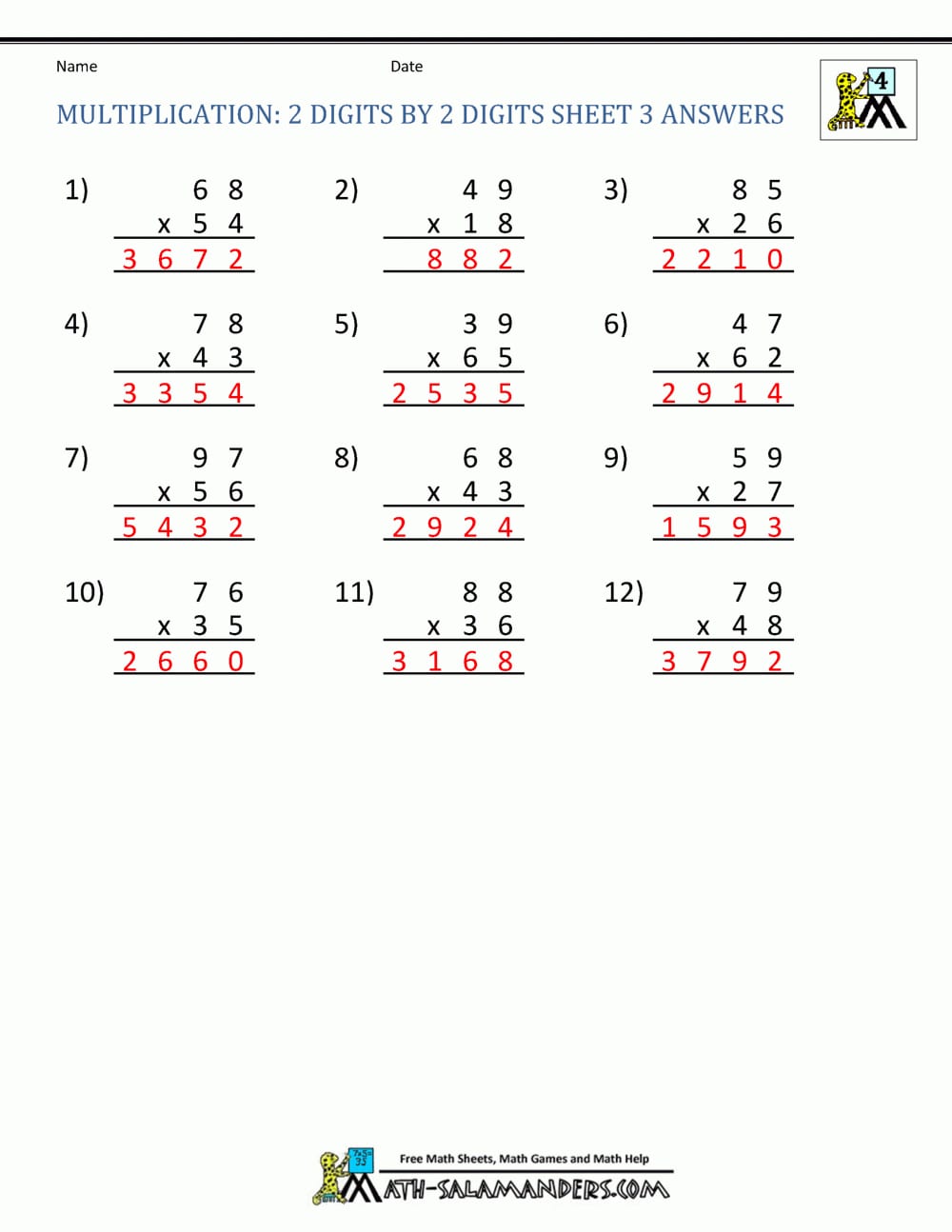 Multiplication Sheets 4Th Grade