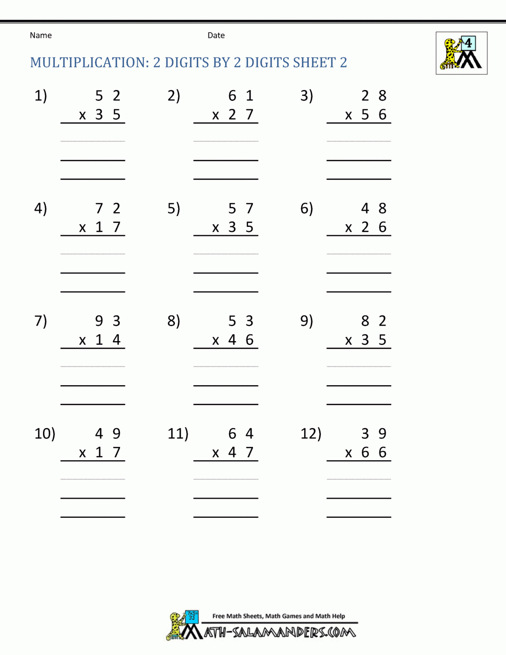 Multiplication Sheets 4Th Grade