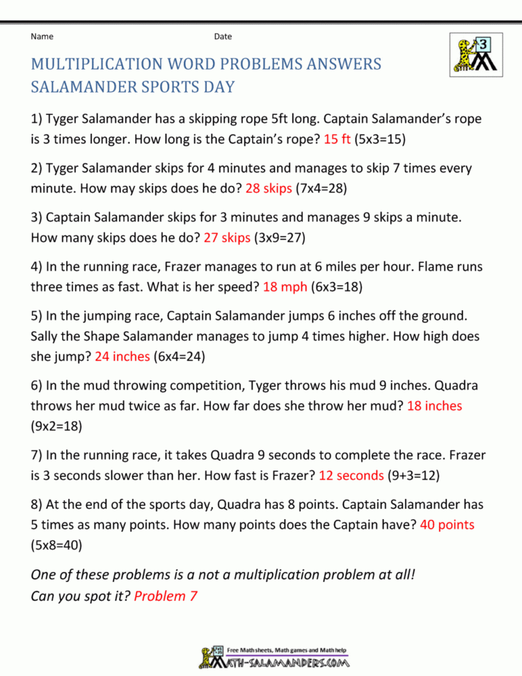 Multiplication Word Problem Worksheets 3Rd Grade