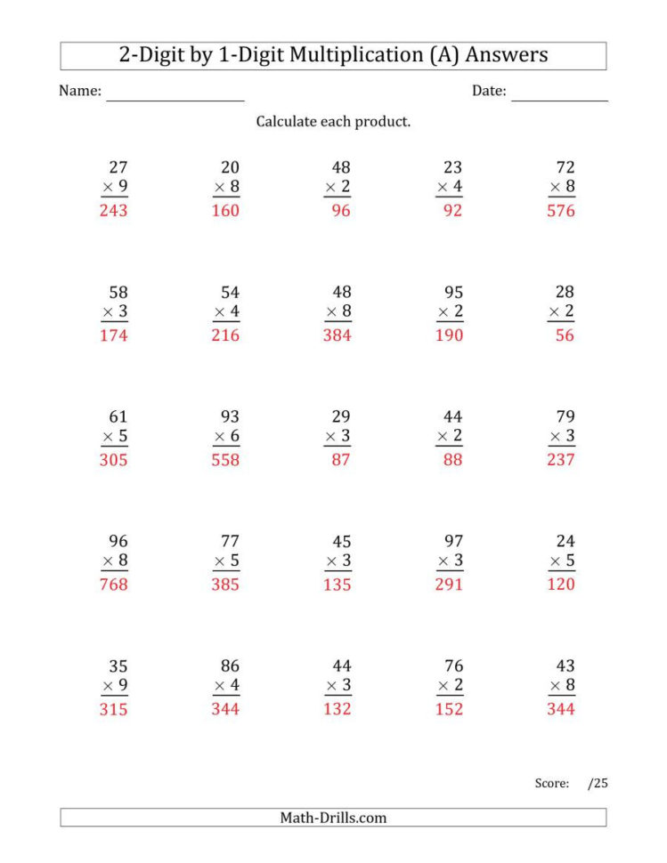 Multiplying 2 Digit1 Numbers A Multiplication Worksheets