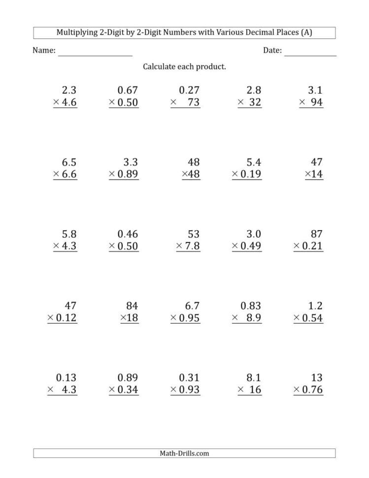 Multiplying 2Digit2Digit Numbers With Various Decimal