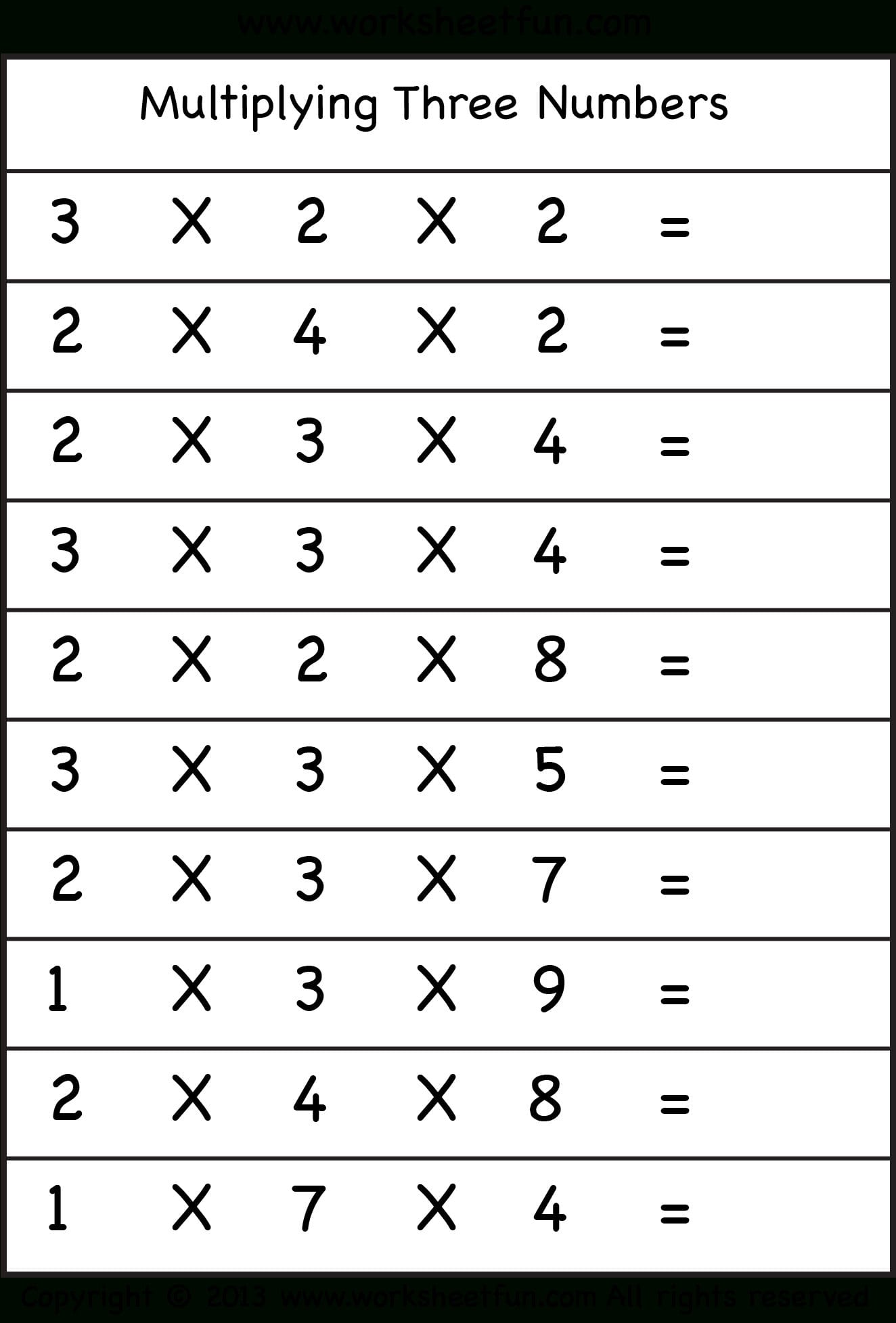 Multiplying 3 Numbers – Three Worksheets  Free Printable
