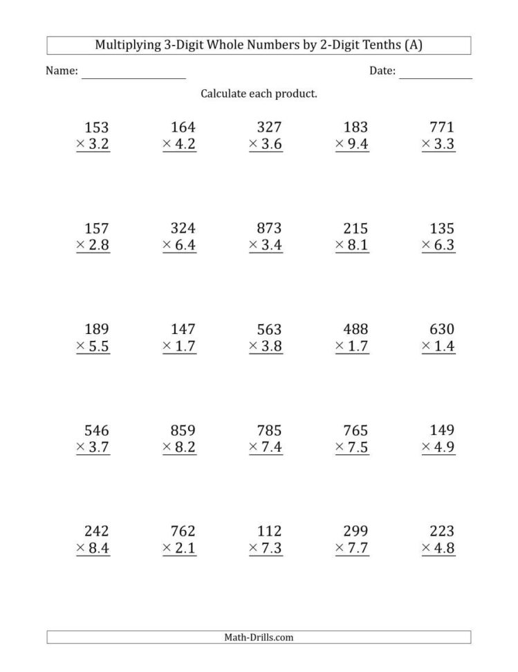 Multiplying 3Digit Whole Numbers2Digit Tenths A