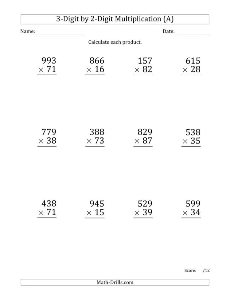 Multiplying 3Digit2Digit Numbers Large Print A