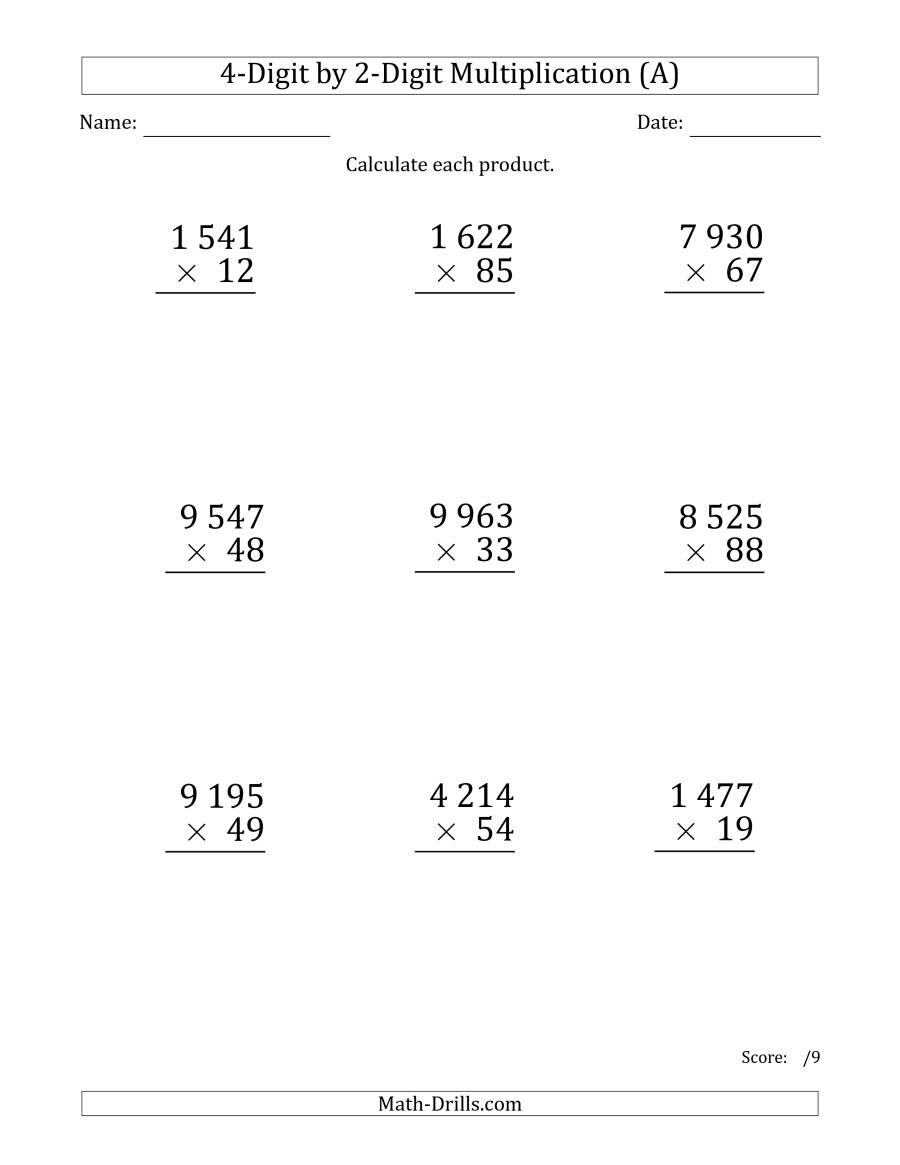 Multiplying 4Digit2Digit Numbers Large Print With