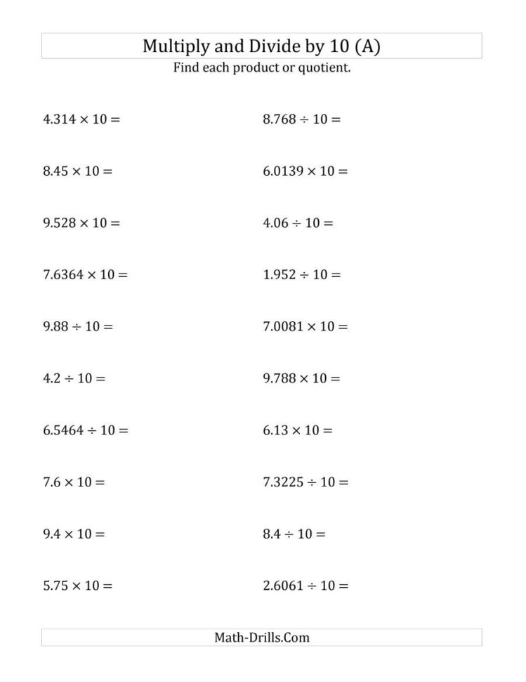Multiplying And Dividing Decimals10 A