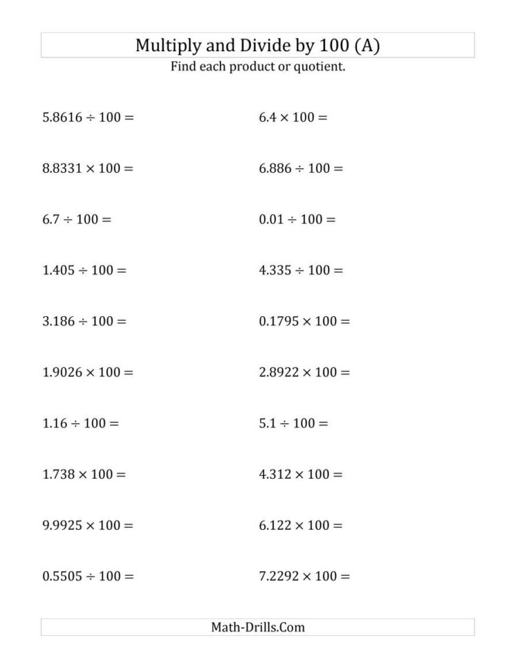 Multiplying And Dividing Decimals100 A
