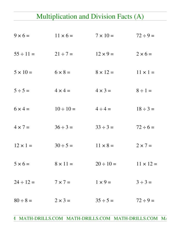 Multiplying And Dividing Facts To 144 A