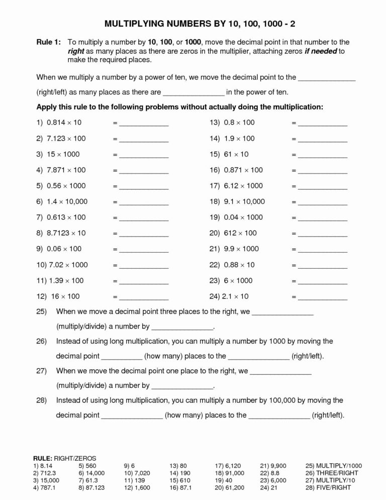 Multiplying Decimals By 10 100 And 1000 Worksheet —
