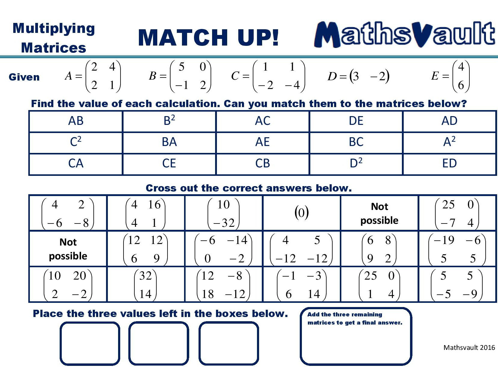 Multiplying Matrices Match Up Worksheet