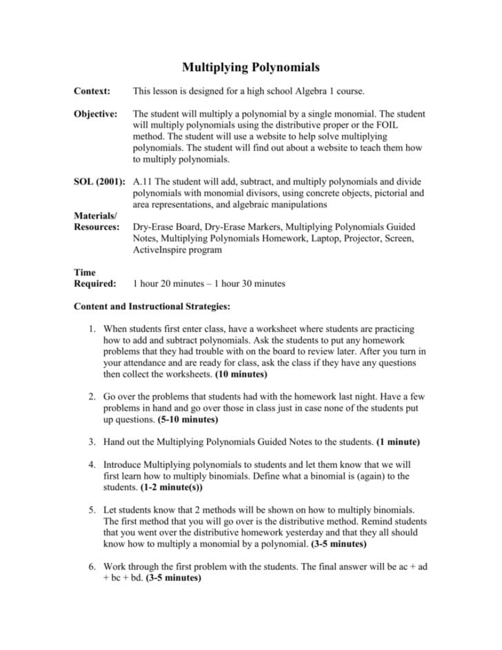 Multiplying Polynomials Worksheet