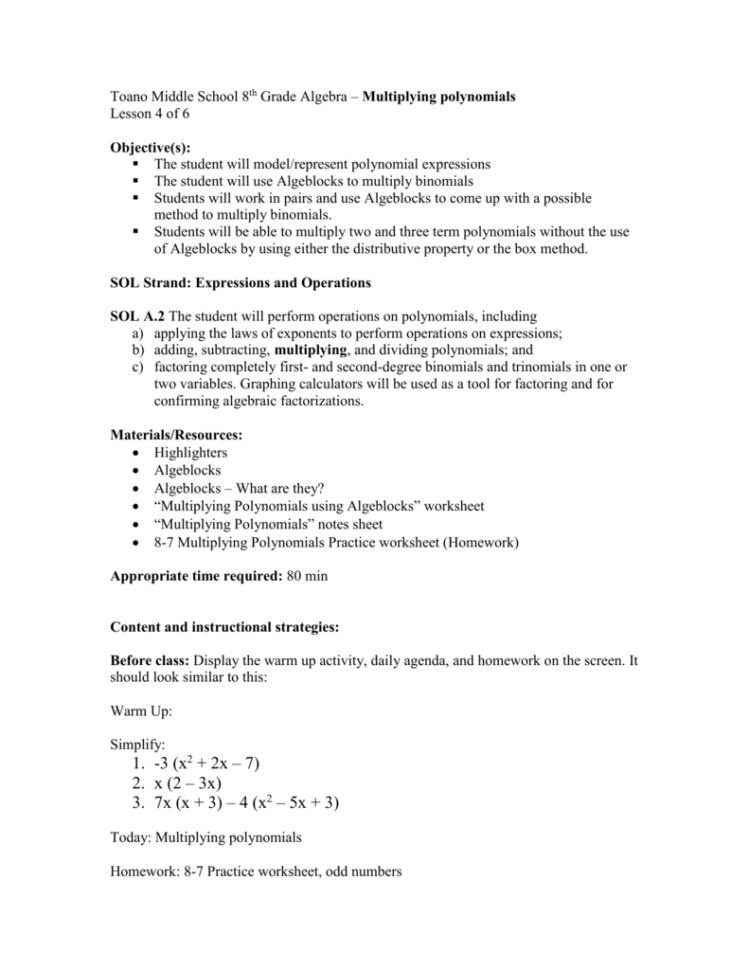 Multiplying Polynomials Lp Lesson 4