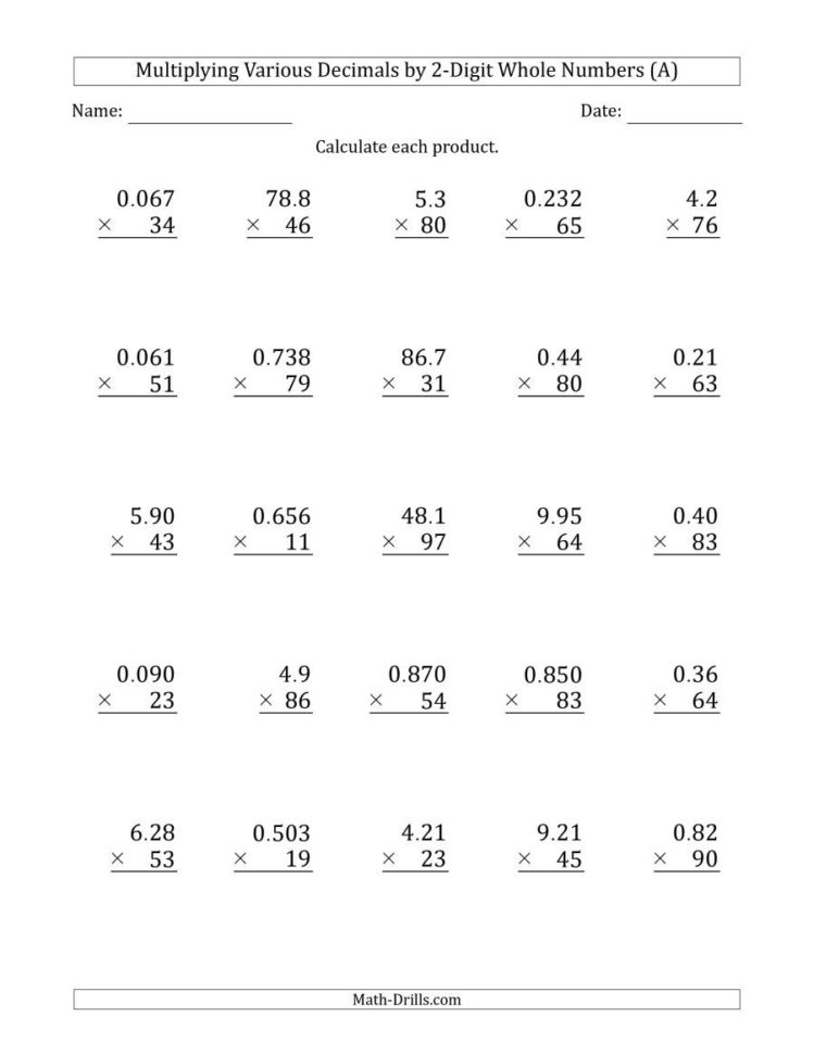 Multiplying Various Decimals2Digit Whole Numbers A