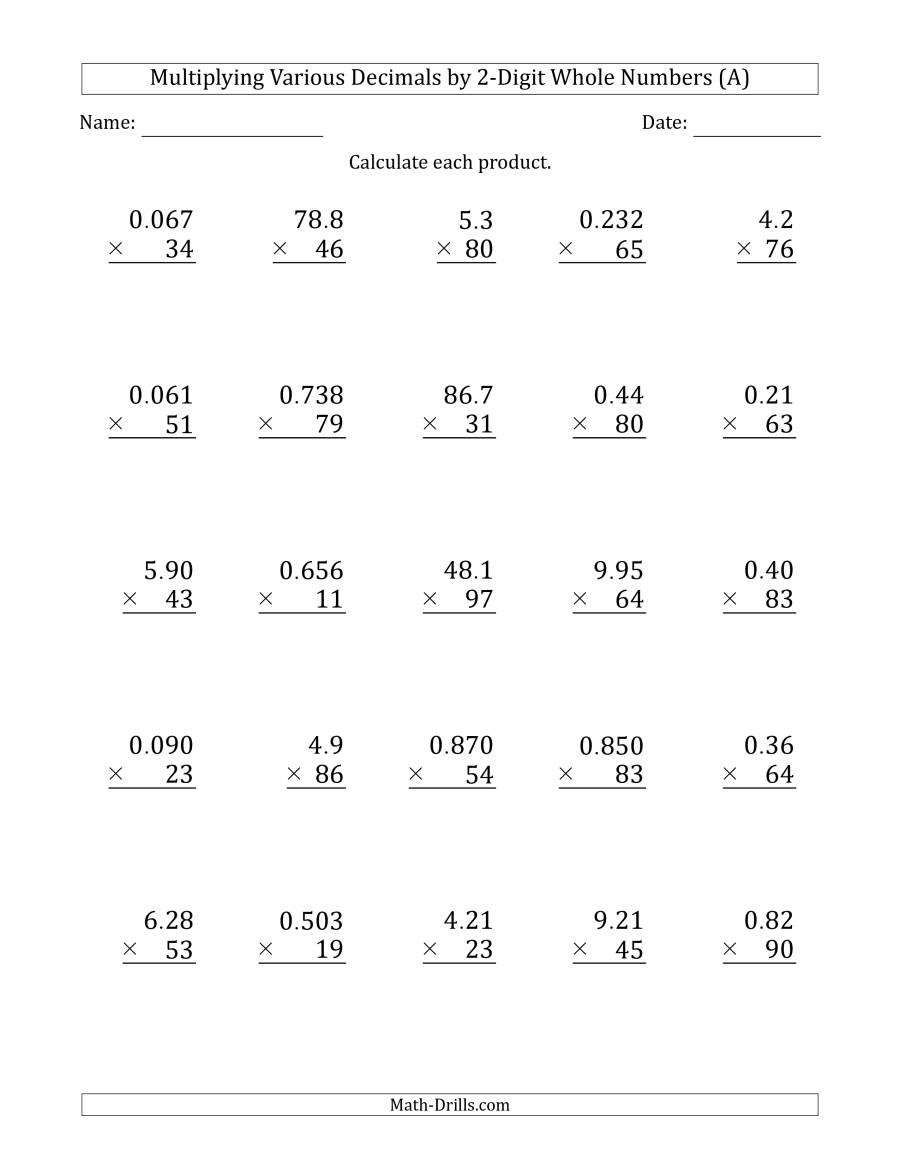 Multiplying Various Decimals2Digit Whole Numbers A