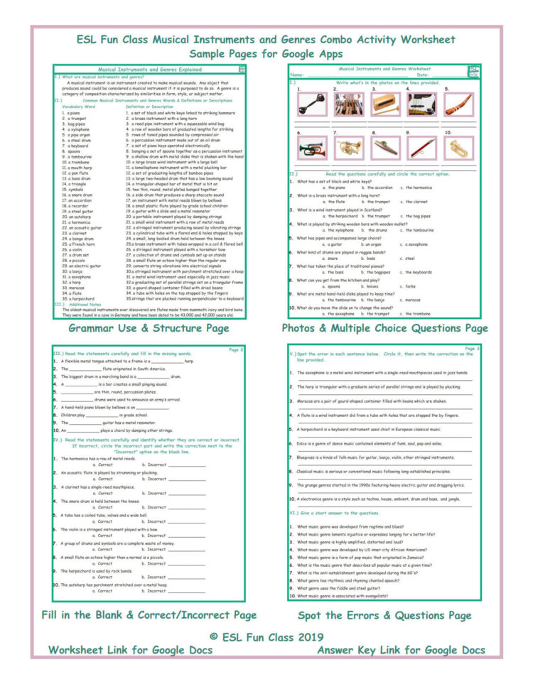 Musical Instruments And Genres Interactive Worksheets For Google Apps