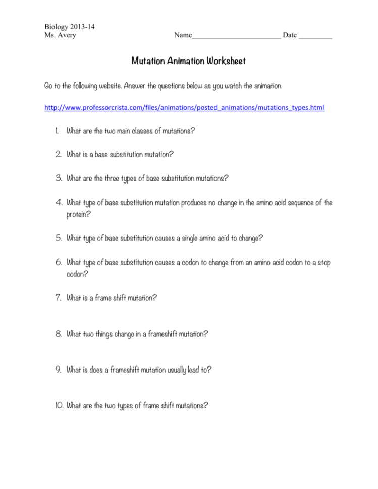 Mutation Animation Worksheet