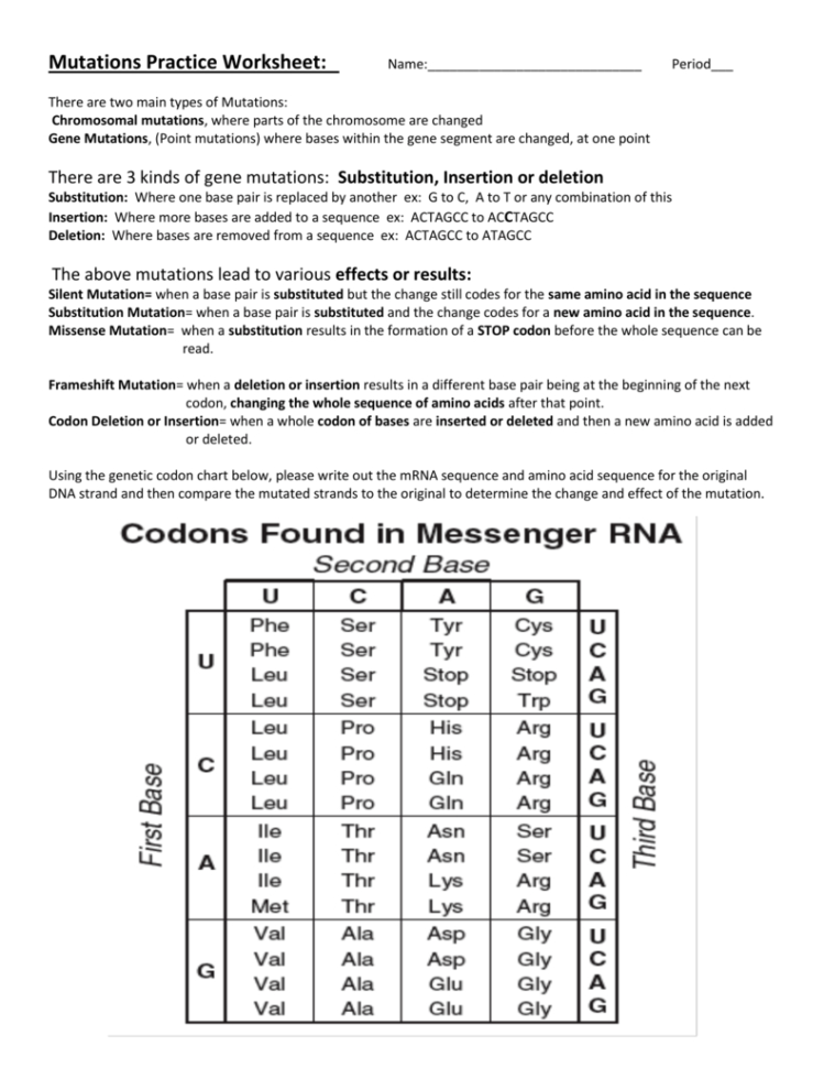 Mutations Practice Worksheet  Liberty Union High School