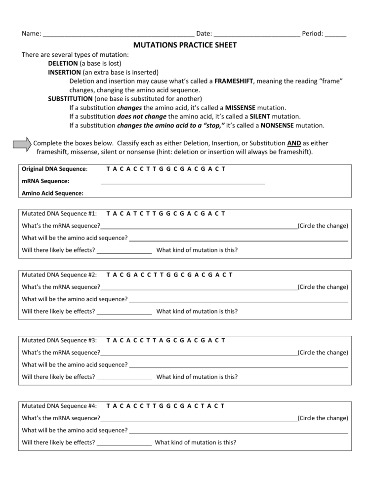 Mutations Worksheet