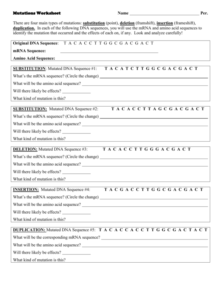 Gene Mutations Worksheet Answer Key — db-excel.com