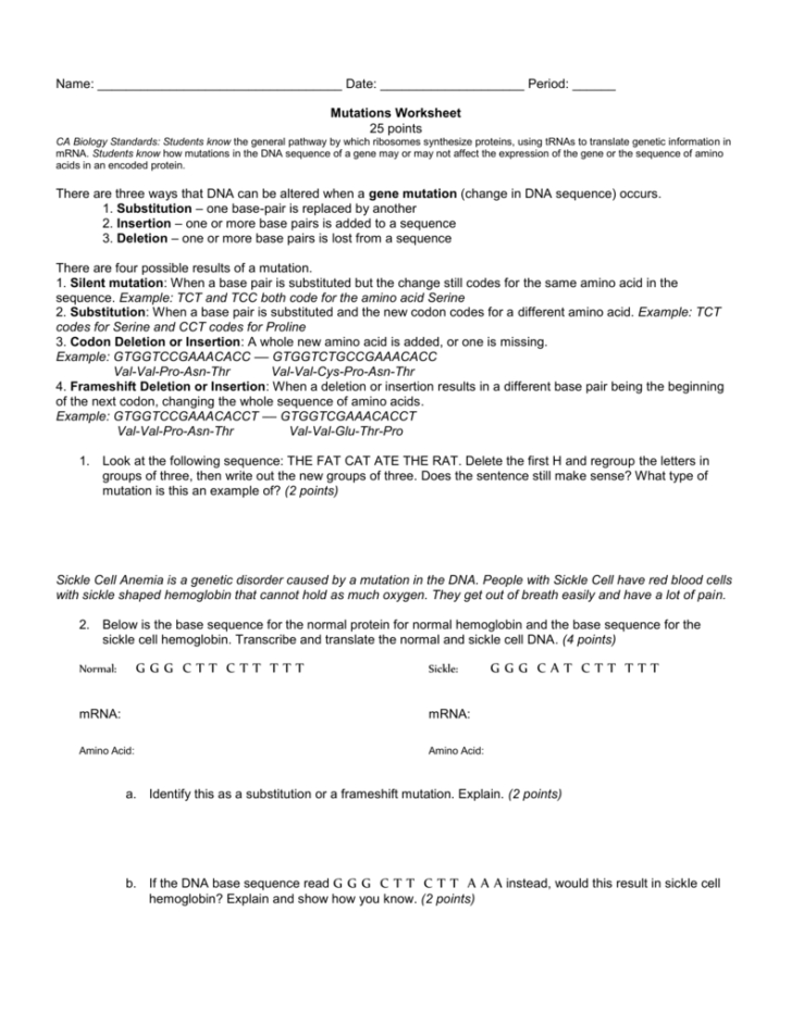 Gene Mutations Worksheet Lesson Plans Inc 2007 Answers