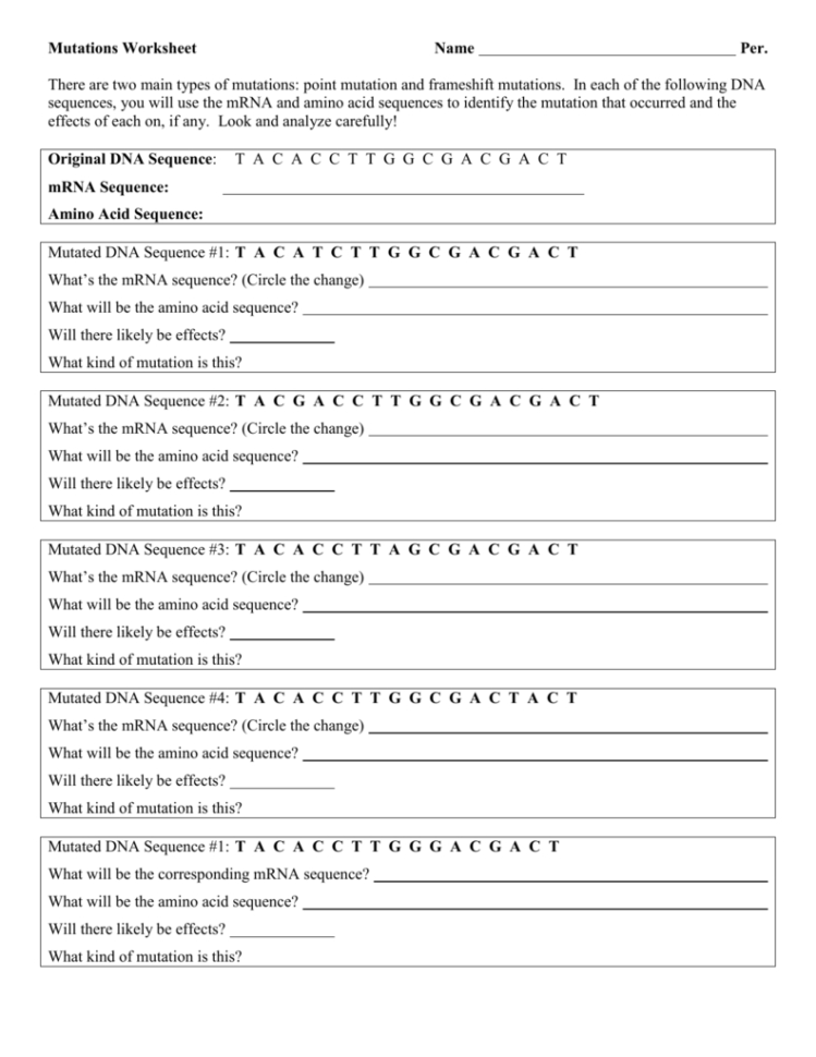 Mutations Worksheet