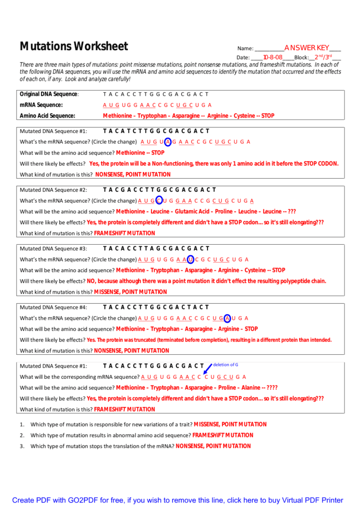 Dna Mutations Worksheet Answer Key — db-excel.com