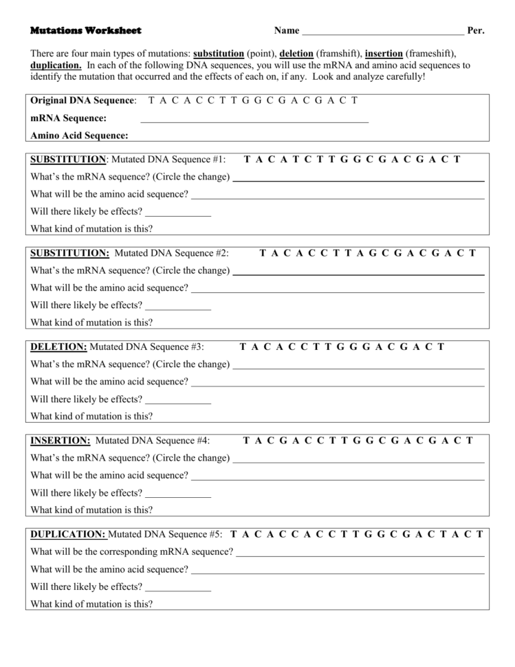 Mutations Worksheet