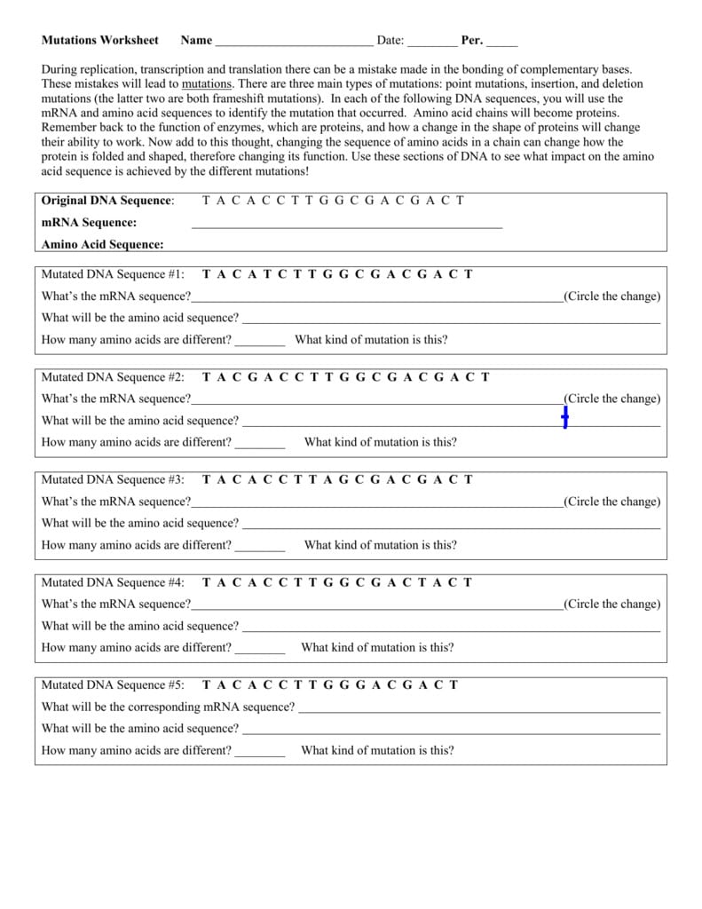 Worksheet Dna Mutation Simulation Answer Key Dna Mutations Practice 