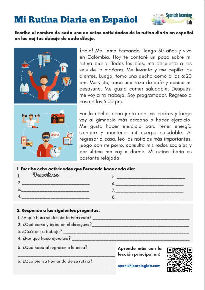 My Daily Routine In Spanish  Pdf Worksheet  Spanishlearninglab