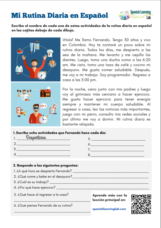 My Daily Routine In Spanish  Pdf Worksheet  Spanishlearninglab