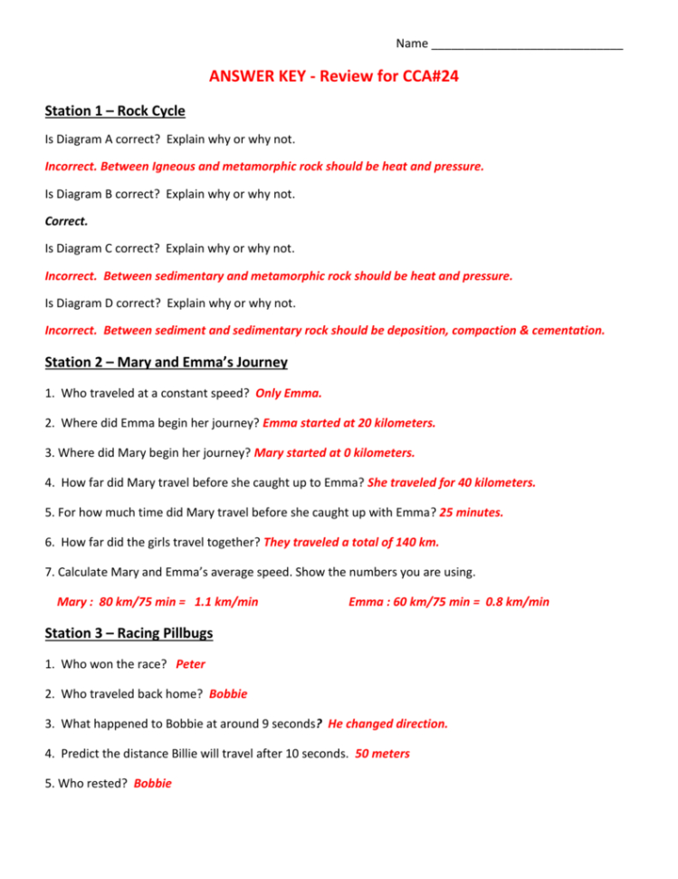 Name Answer Key  Review For Cca24 Station 1 – Rock Cycle