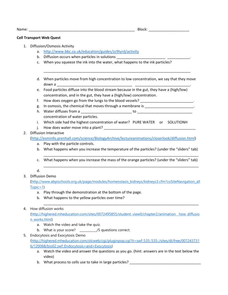 Name Block Cell Transport Web Quest Diffusionosmosis Activity