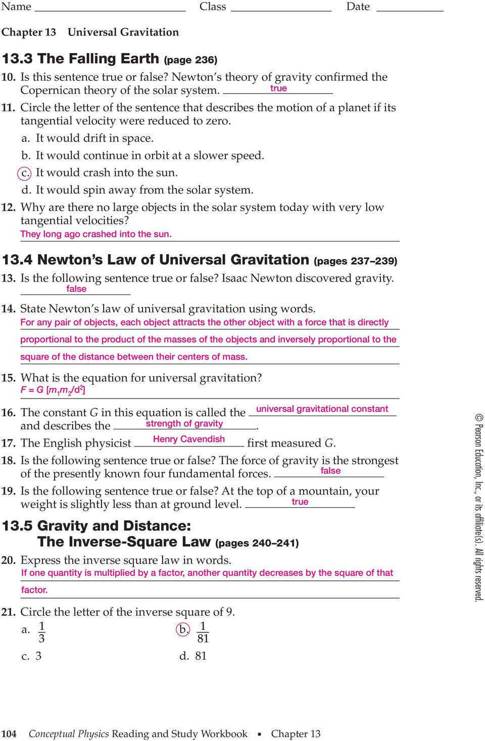 Universal Gravitation Worksheet Answers