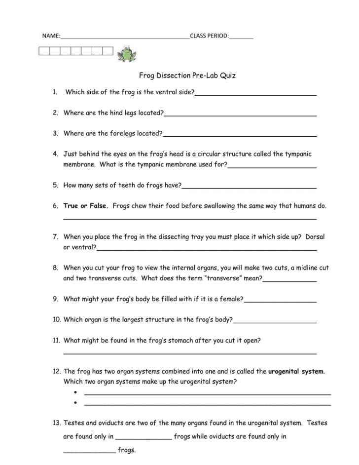 Frog Dissection Pre Lab Worksheet Answer Key