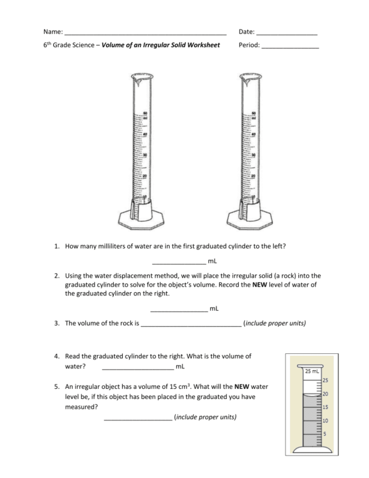 Name Date 6Th Grade Science – Volume Of An Irregular Solid