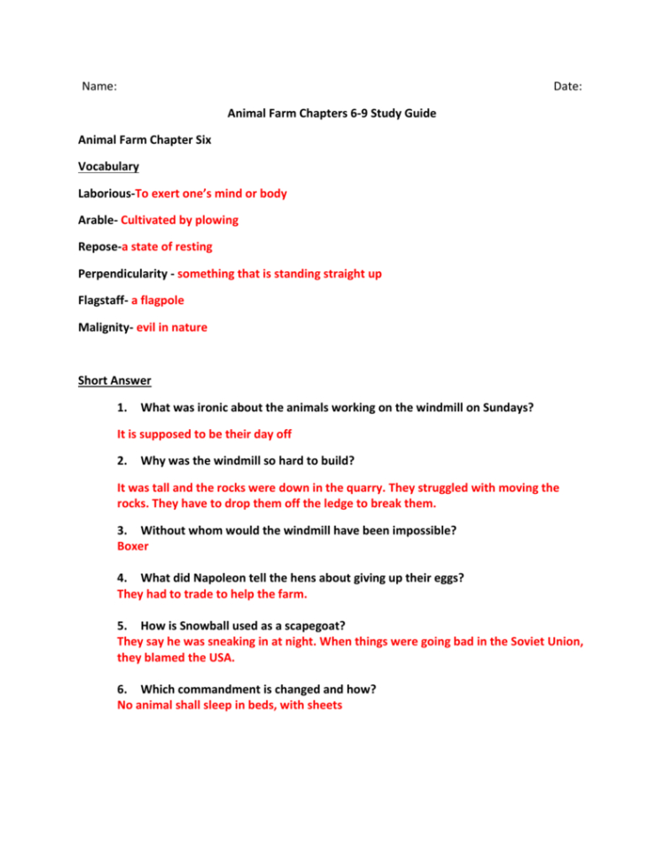Animal Farm Chapter 7 Worksheet Answers —