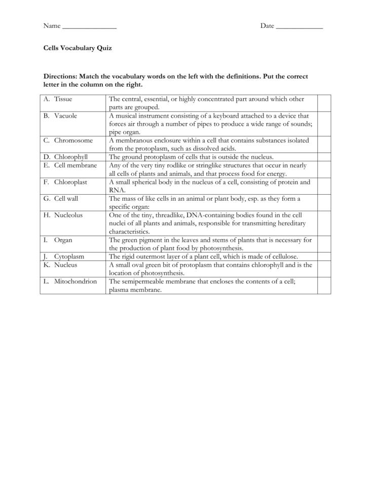 Cells Vocabulary Quiz Worksheet Answers