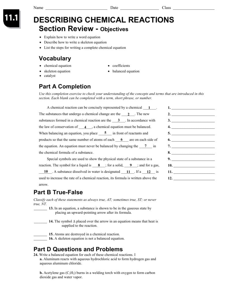 Describing Chemical Reactions Worksheet Answers — db-excel.com