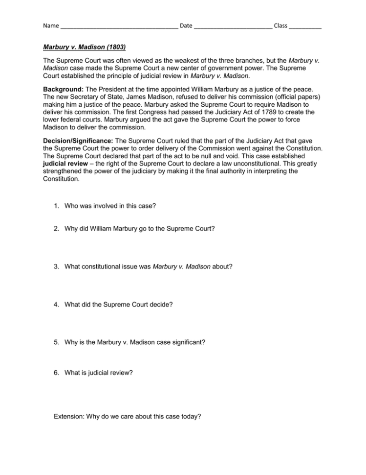 Name Date Class  Marbury V Madison 1803 The Supreme