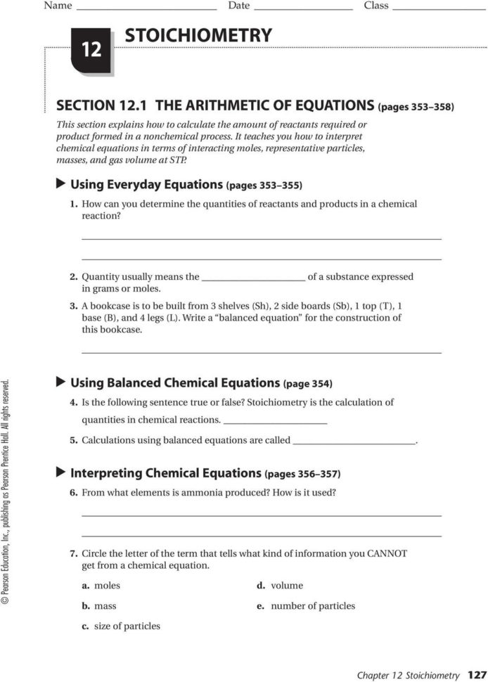Name Date Class Stoichiometry Section 121 The Arithmetic