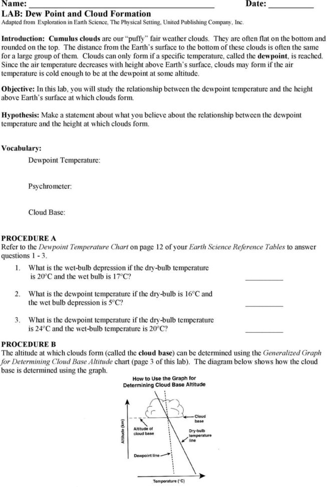 Name Date Lab Dew Point And Cloud Formation Adapted From