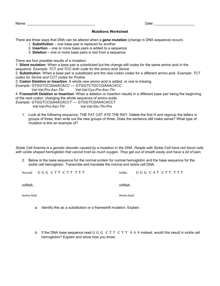 Name  Date Mutations Worksheet
