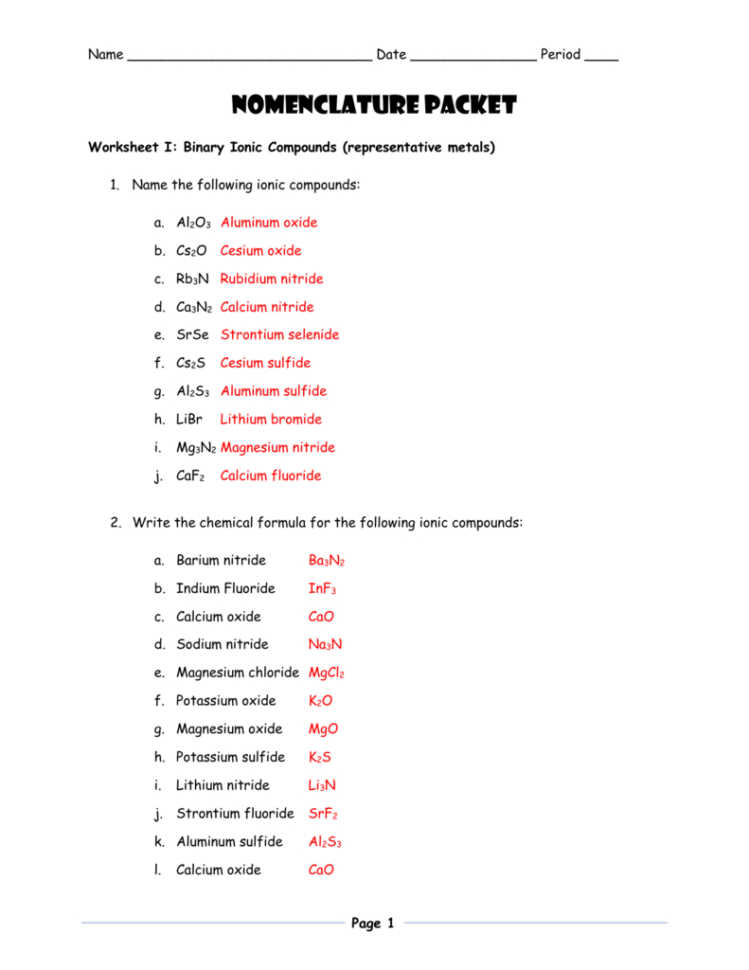 Name Date Period  Nomenclature Packet Worksheet I Binary