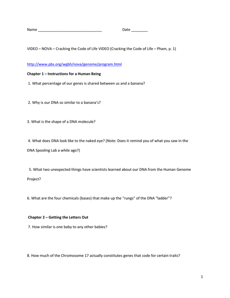 Name Date  Video – Nova – Cracking The Code Of Life