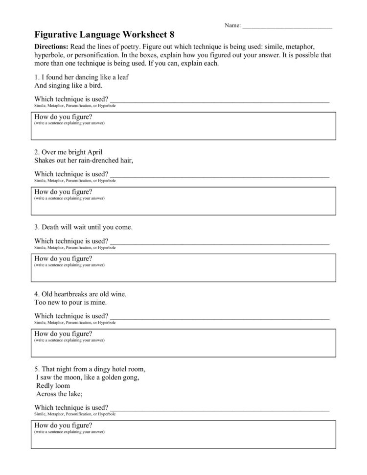 Name Figurative Language Worksheet 8  Reading Worksheets