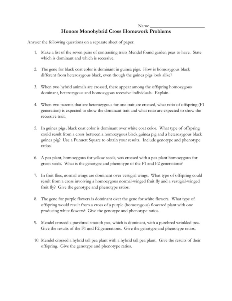 Name Honors Monohybrid Cross Homework Problems Answer The