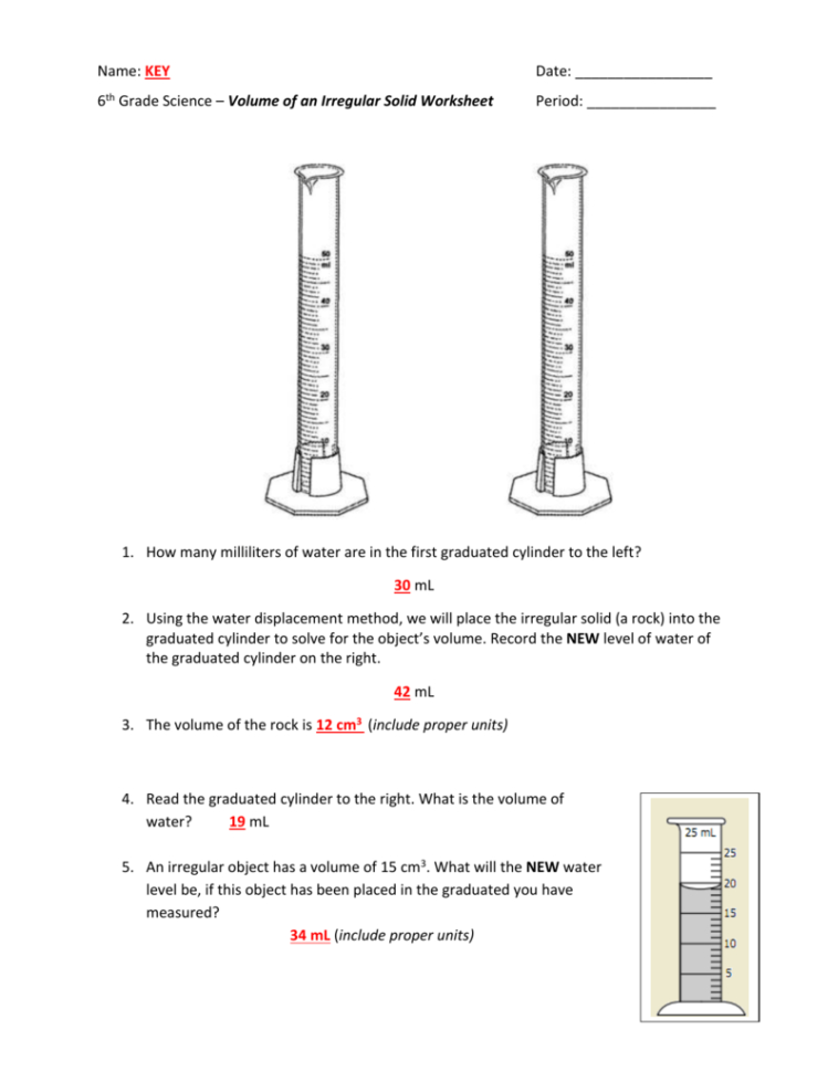 Name Key Date 6Th Grade Science – Volume Of An Irregular Solid