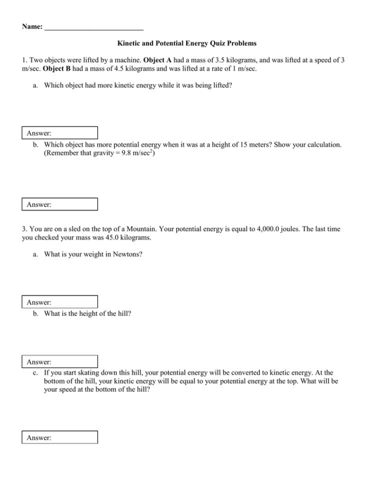 Name Kinetic And Potential Energy Quiz Problems Object A