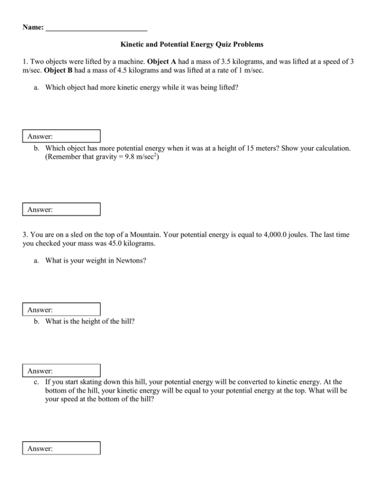 Name Kinetic And Potential Energy Quiz Problems Object A