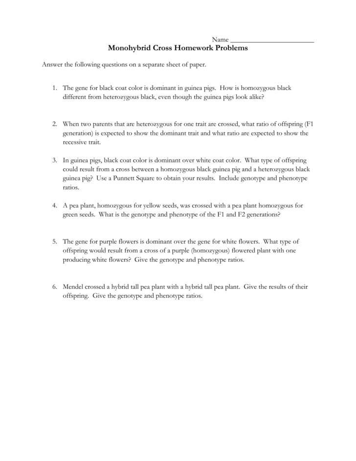 Monohybrid Cross Problems Worksheet With Answers